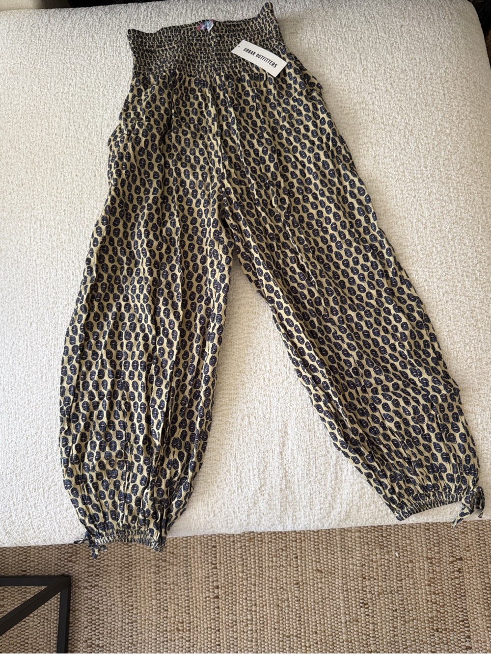 Brand New Boho Smocked High-Waist Printed Harem Pants - Indigo & Tan